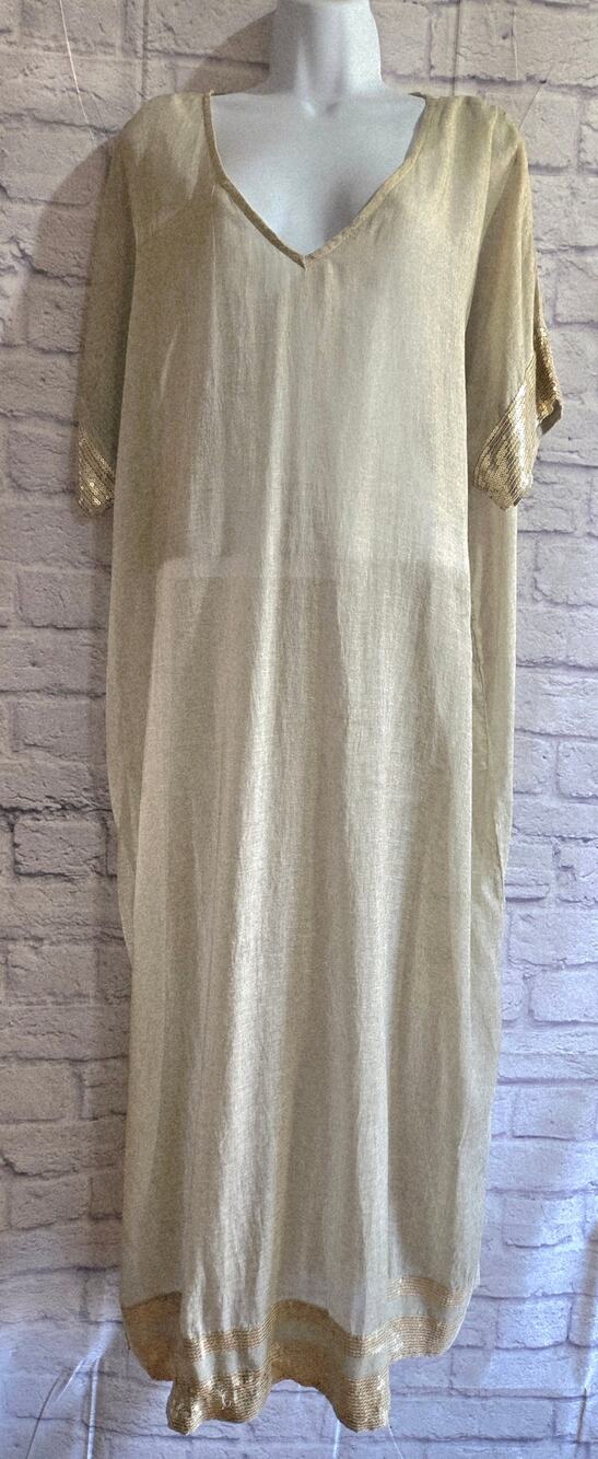 Dolma Tan with Sequin Trim Beize Kaftan Dolma Short Sleeves Boho One Size NWTS